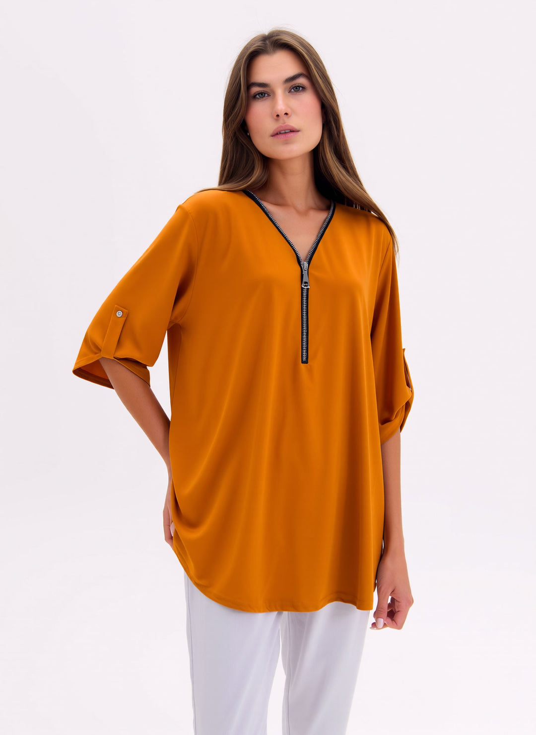 Mustard V-Neck Zip Detail Tunic Chic Top