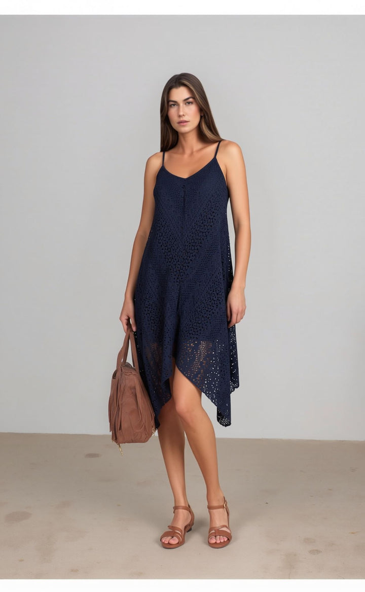 Navy Broderie Anglaise Summer Holiday Sleeveless Cotton Look Dress