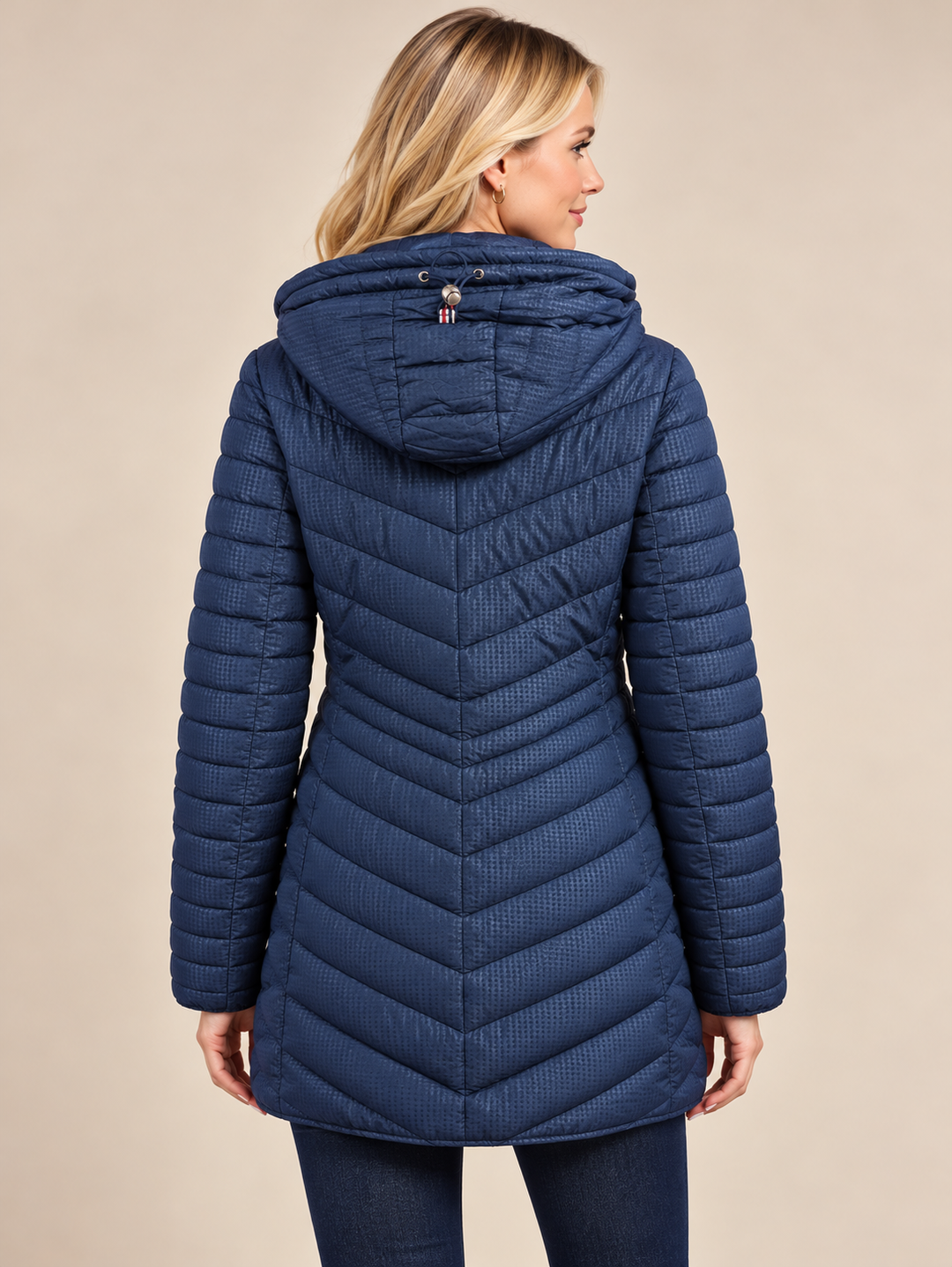 Navy Chevron Quilted Hooded Padded Jacket