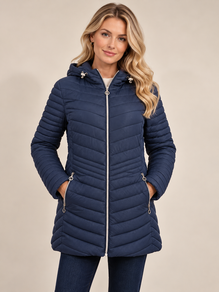 Navy Chevron Quilted Hooded Padded Jacket