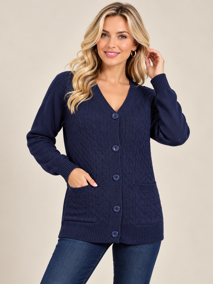 Navy Classic Cable Knit V-Neck Button Cardigan with Pockets