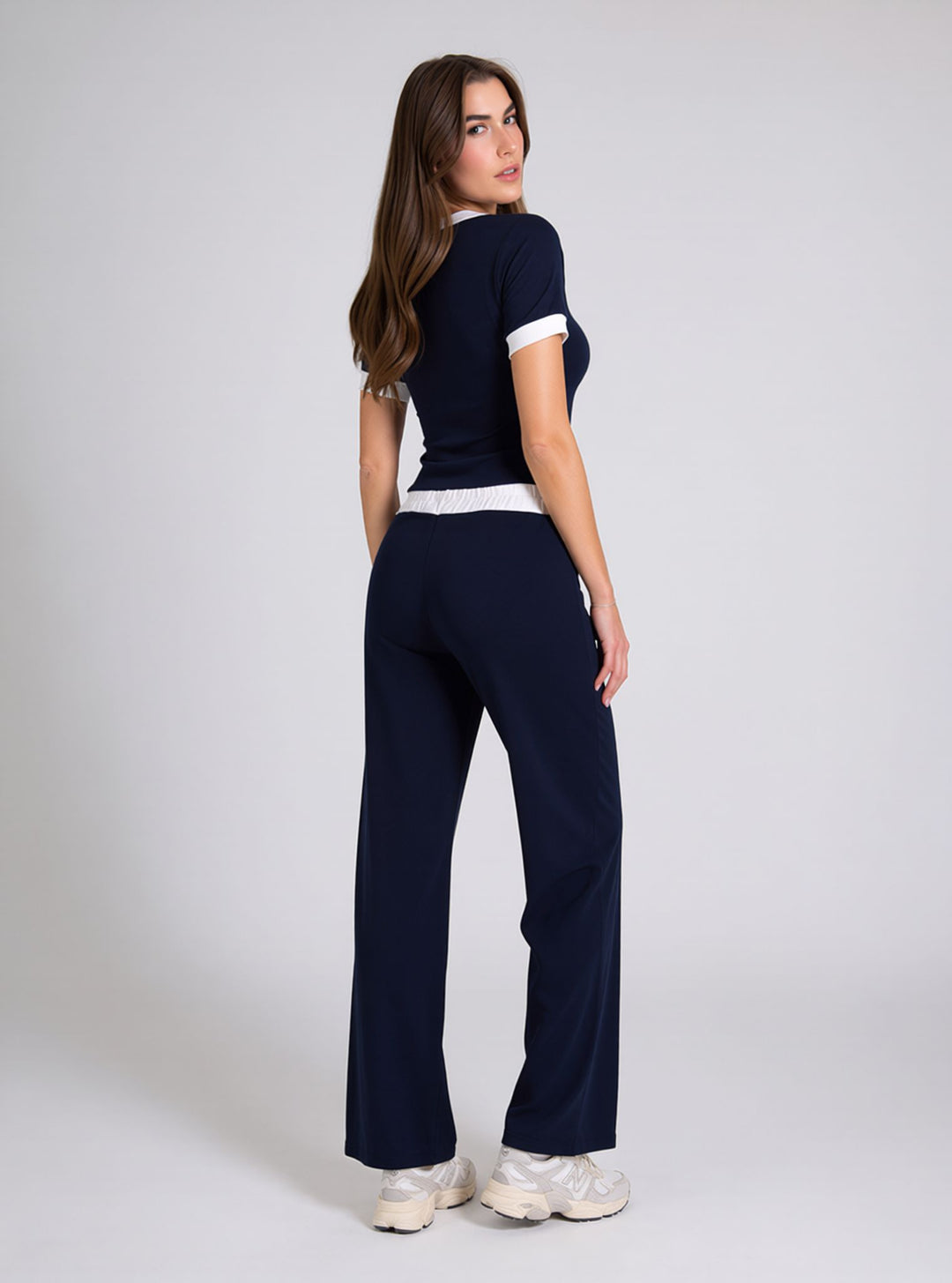 Navy Contrast Trim Lounge Set with Wide Leg Pants & Cropped T-Shirt Co-ord