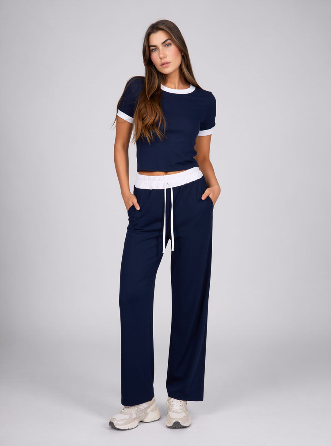 Navy Contrast Trim Lounge Set with Wide Leg Pants & Cropped T-Shirt Co-ord
