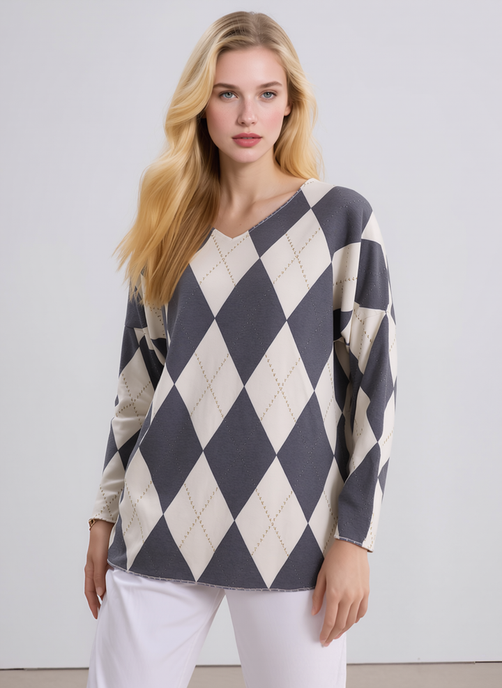 Navy Diamond Pattern Knit Top