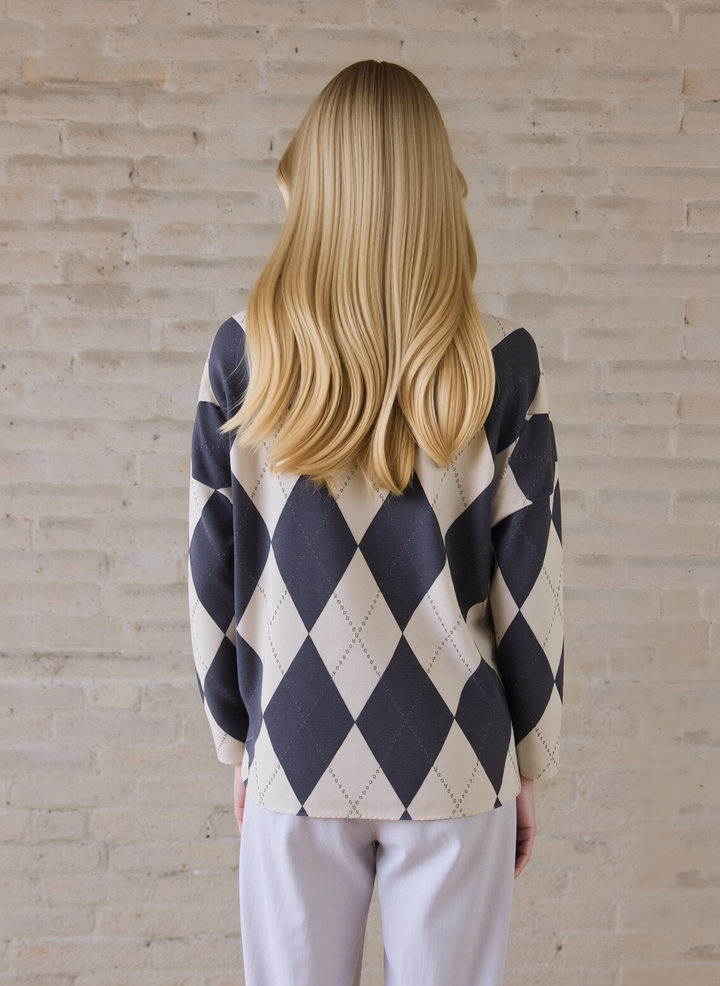 Navy Diamond Pattern Knit Top