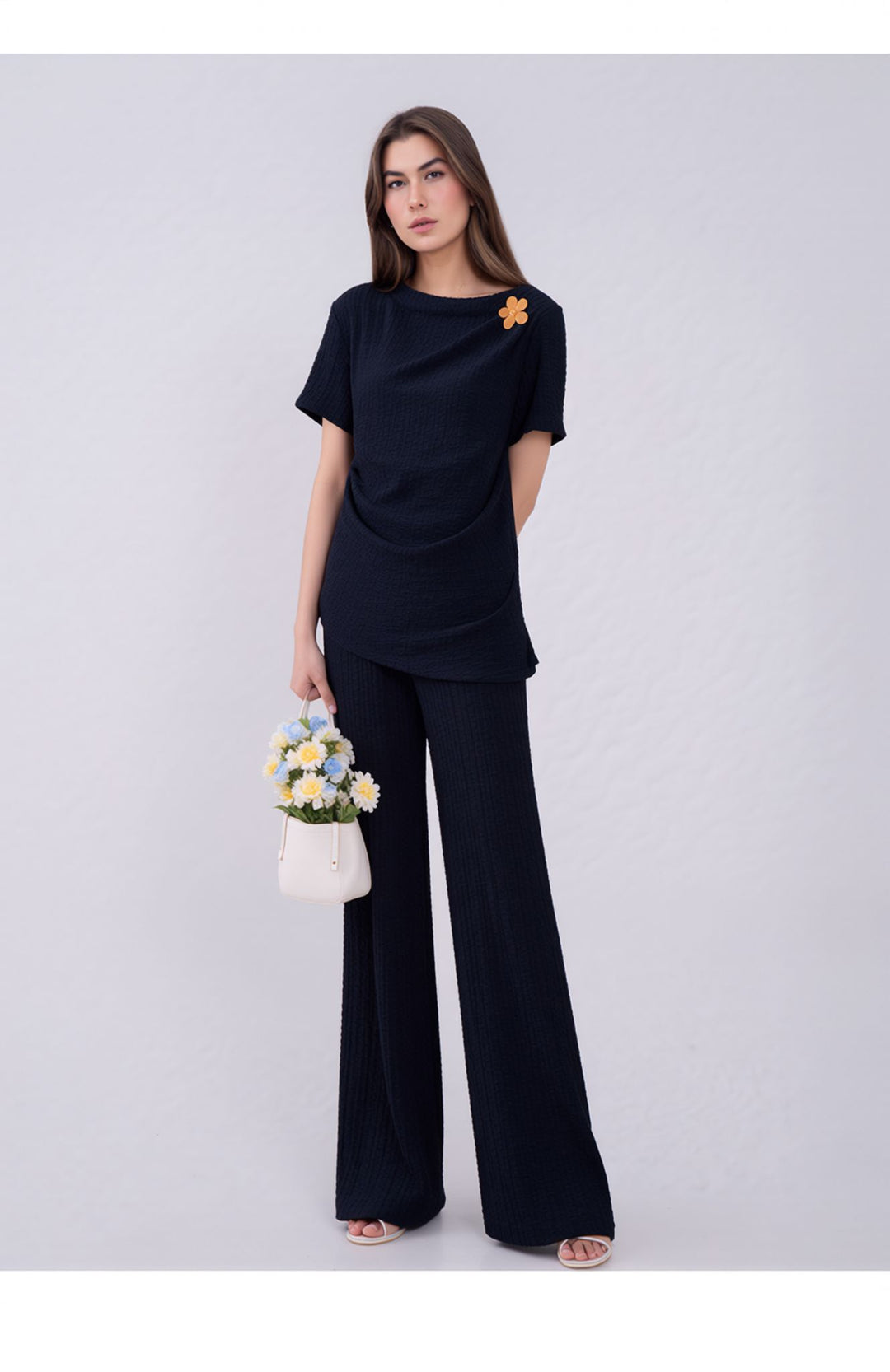 Navy Elegant Draped Co-Ord Set Wide Leg Trouser & Occasion Top Outfit