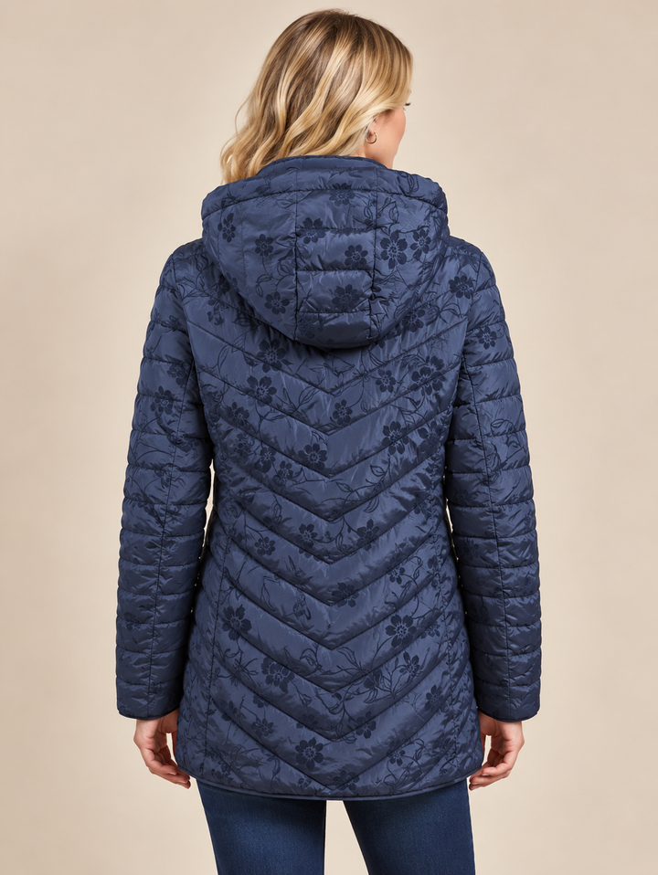 Navy Floral Embroidered Quilted Hooded Padded Jacket