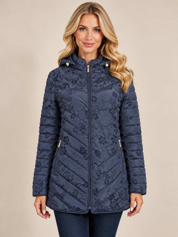 Navy Floral Embroidered Quilted Hooded Padded Jacket