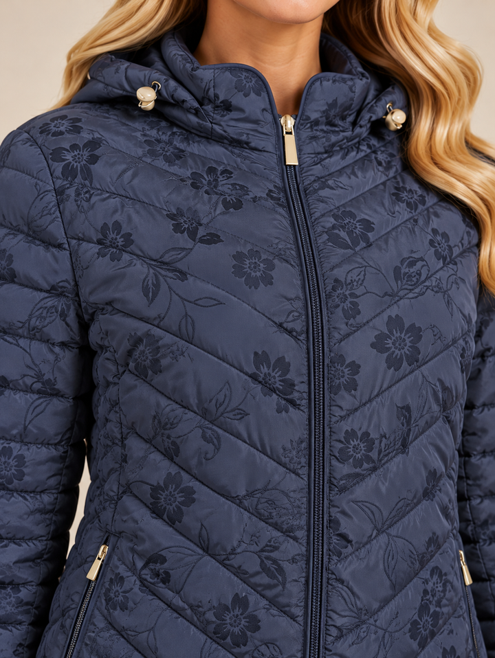 Navy Floral Embroidered Quilted Hooded Padded Jacket