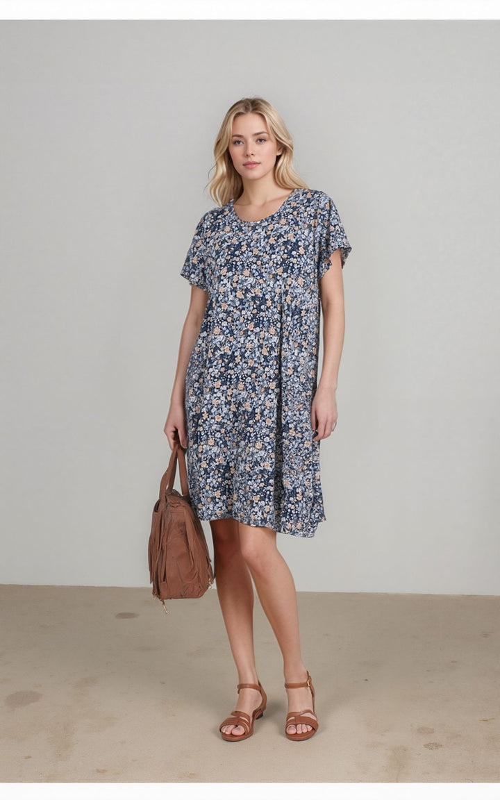 Navy Floral Print Cross Back Swing Summer Dress