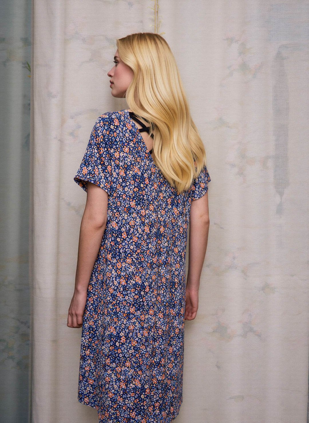 Navy Floral Print Cross Back Swing Summer Dress