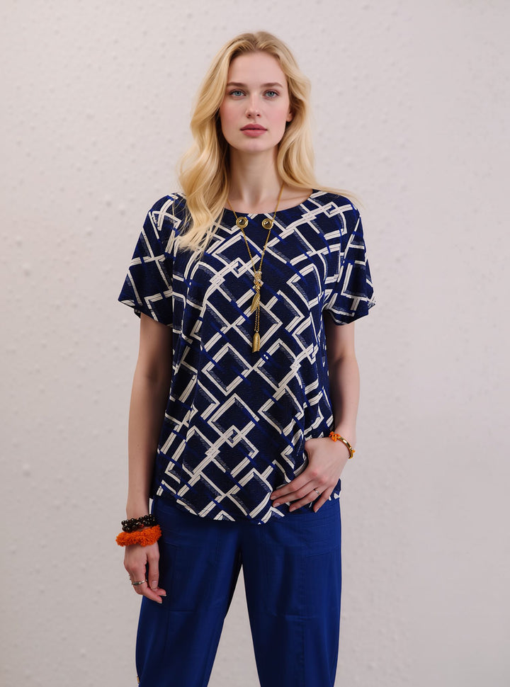 Navy Geometric Print Short Sleeve Top with Necklace
