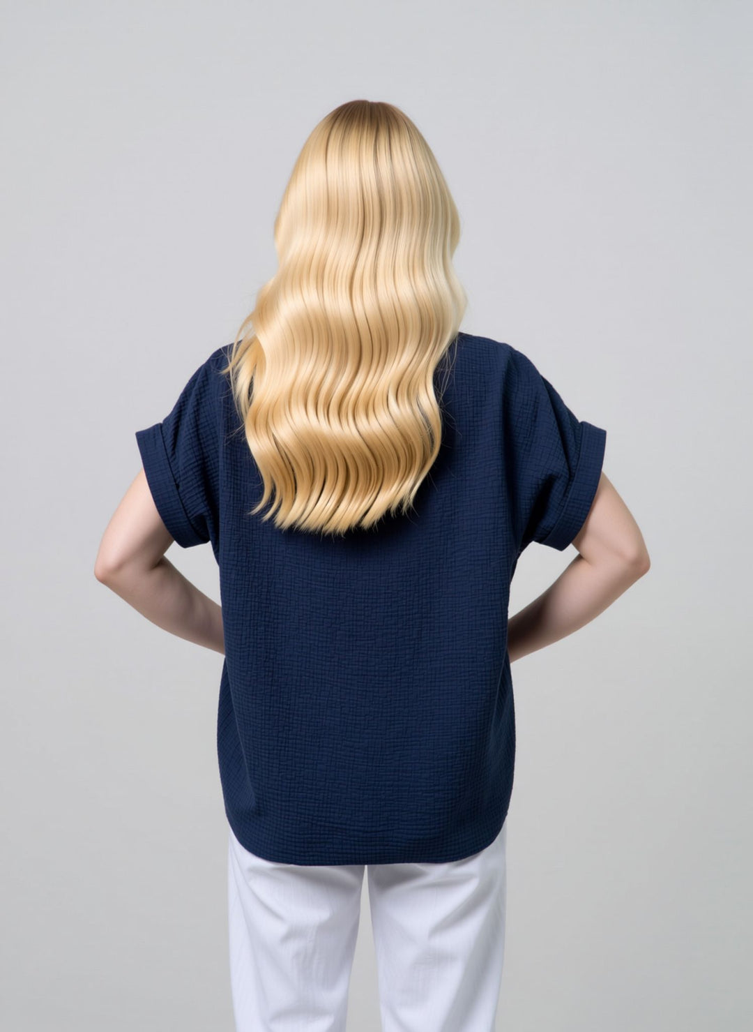 Navy Loose Fit Short Sleeve Casual Waffle Texture Blouse with Necklace