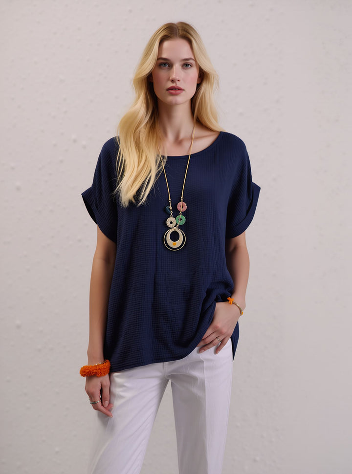 Navy Loose Fit Short Sleeve Casual Waffle Texture Blouse with Necklace