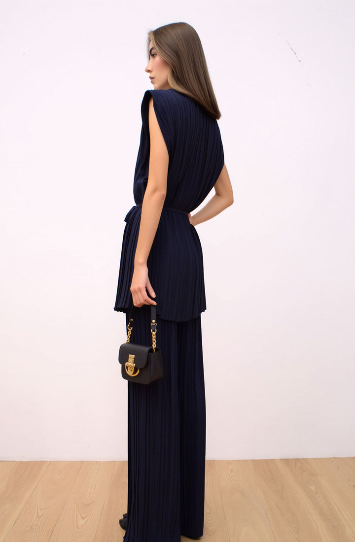 Navy Pleated Wide Leg Co-Ord Set Elegant Relaxed Fit Two Piece Outfit