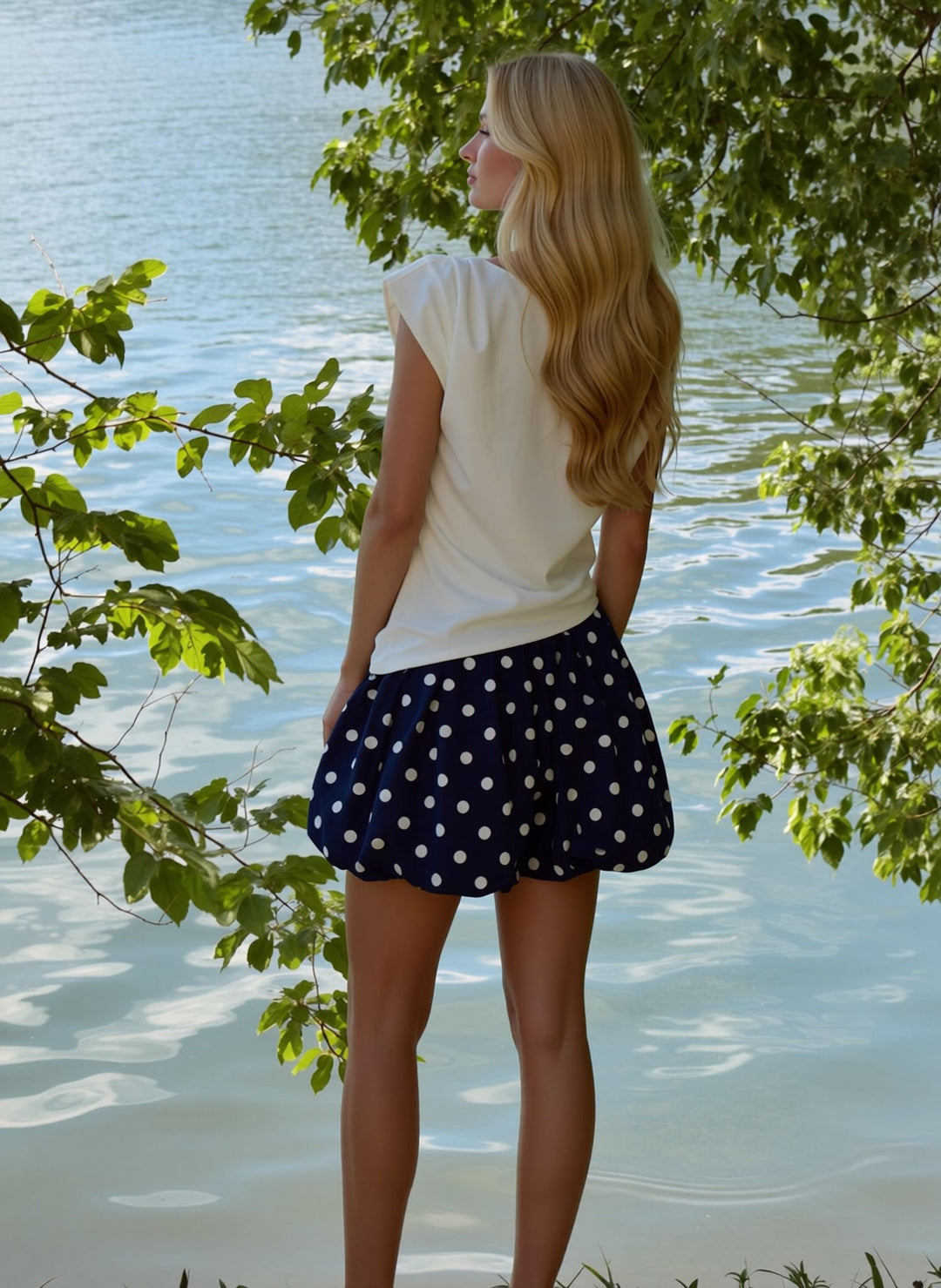 Navy Polka Dot Bubble Skort Skirt Style Shorts