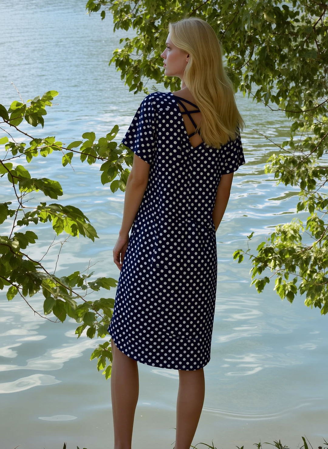 Navy Polka Dot Print Cross Back Swing Summer Dress