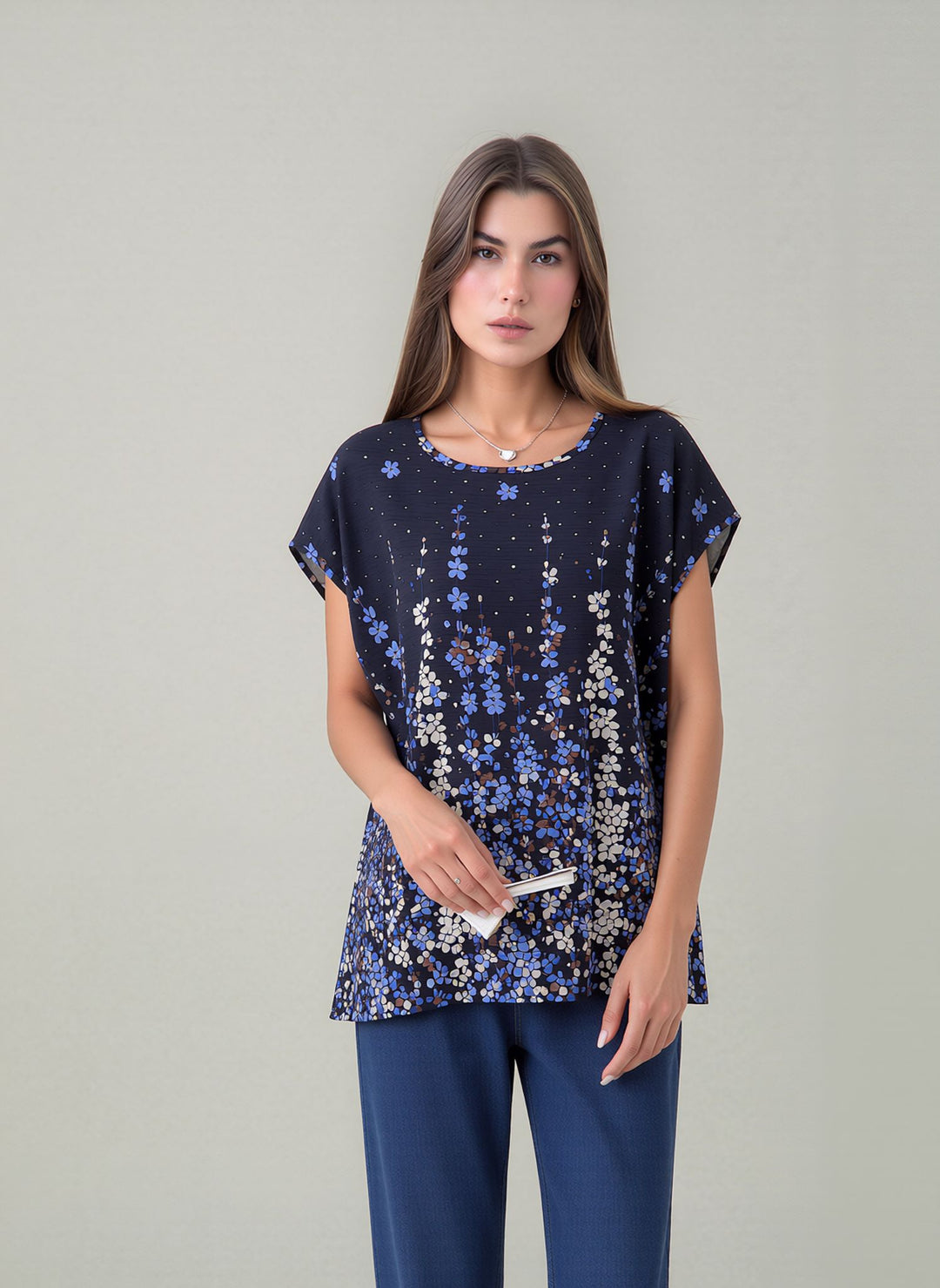Navy Relaxed Fit Short Sleeve Tunic Top Lightweight Cotton Rich Casual Summer Shirt