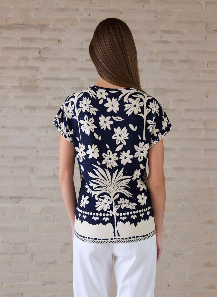 White & Navy Relaxed Fit Short Sleeve Tunic Top Lightweight Cotton Rich Casual Summer Shirt