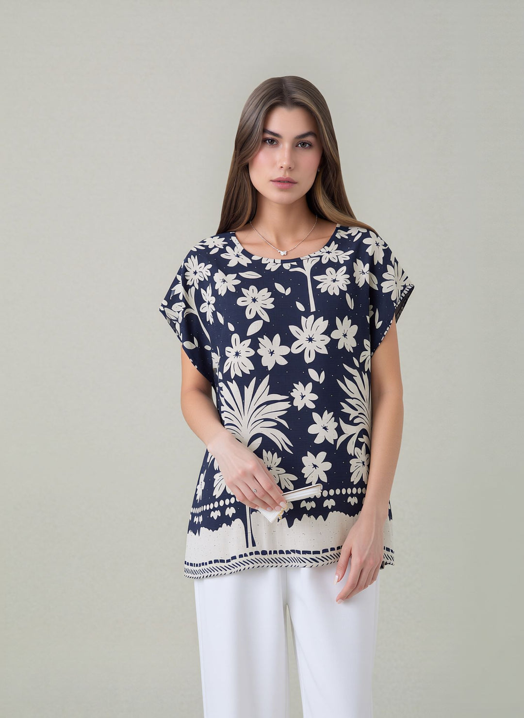 White & Navy Relaxed Fit Short Sleeve Tunic Top Lightweight Cotton Rich Casual Summer Shirt