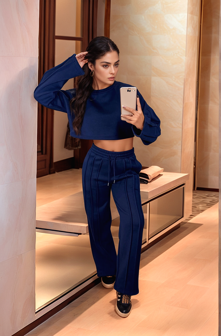 Navy Seam Detail Oversized Crop Top & Joggers Fleece Co-ord