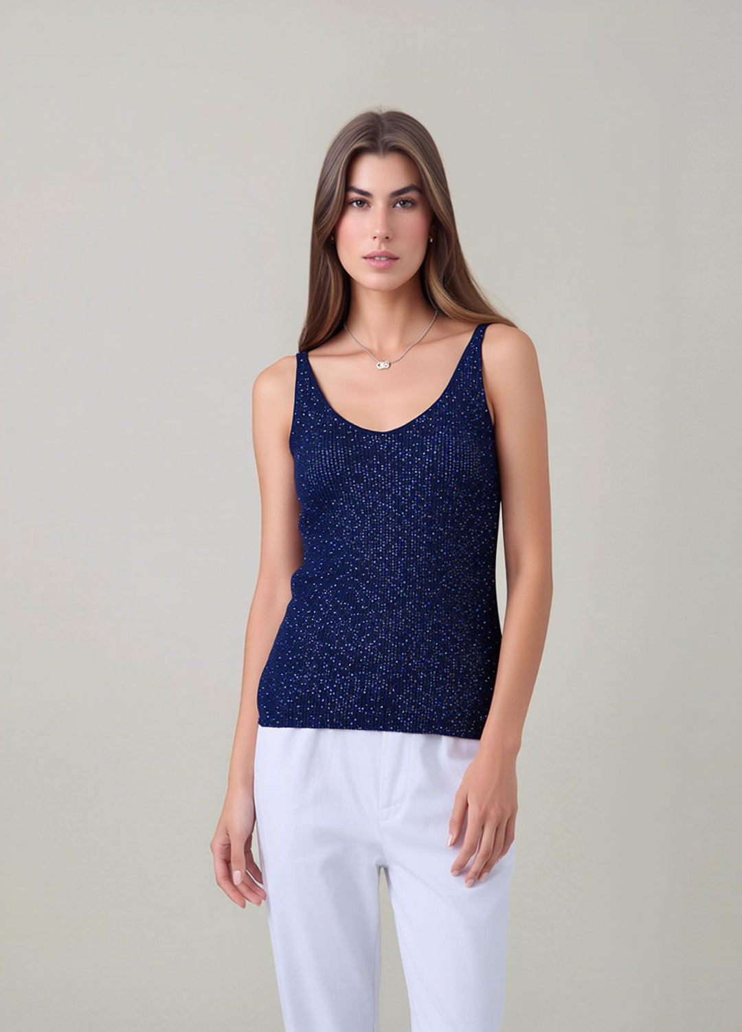 Navy Sleeveless Knit Shimmer Vest Top