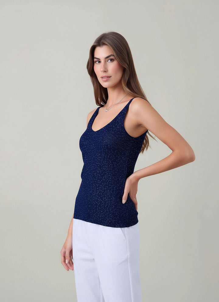 Navy Sleeveless Knit Shimmer Vest Top