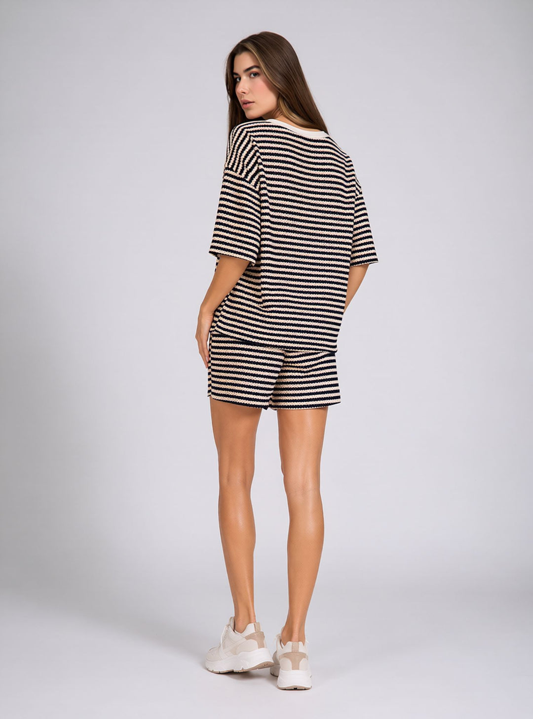 Navy Striped Knitted Co-Ord Shorts Set with Oversized Top