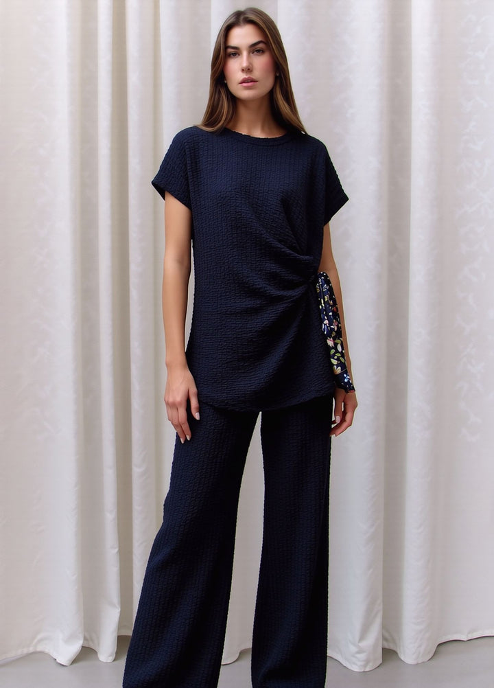 Navy Textured Side Scarf Tie Two Piece Trouser Set Short Sleeve Top & Wide Leg Trousers