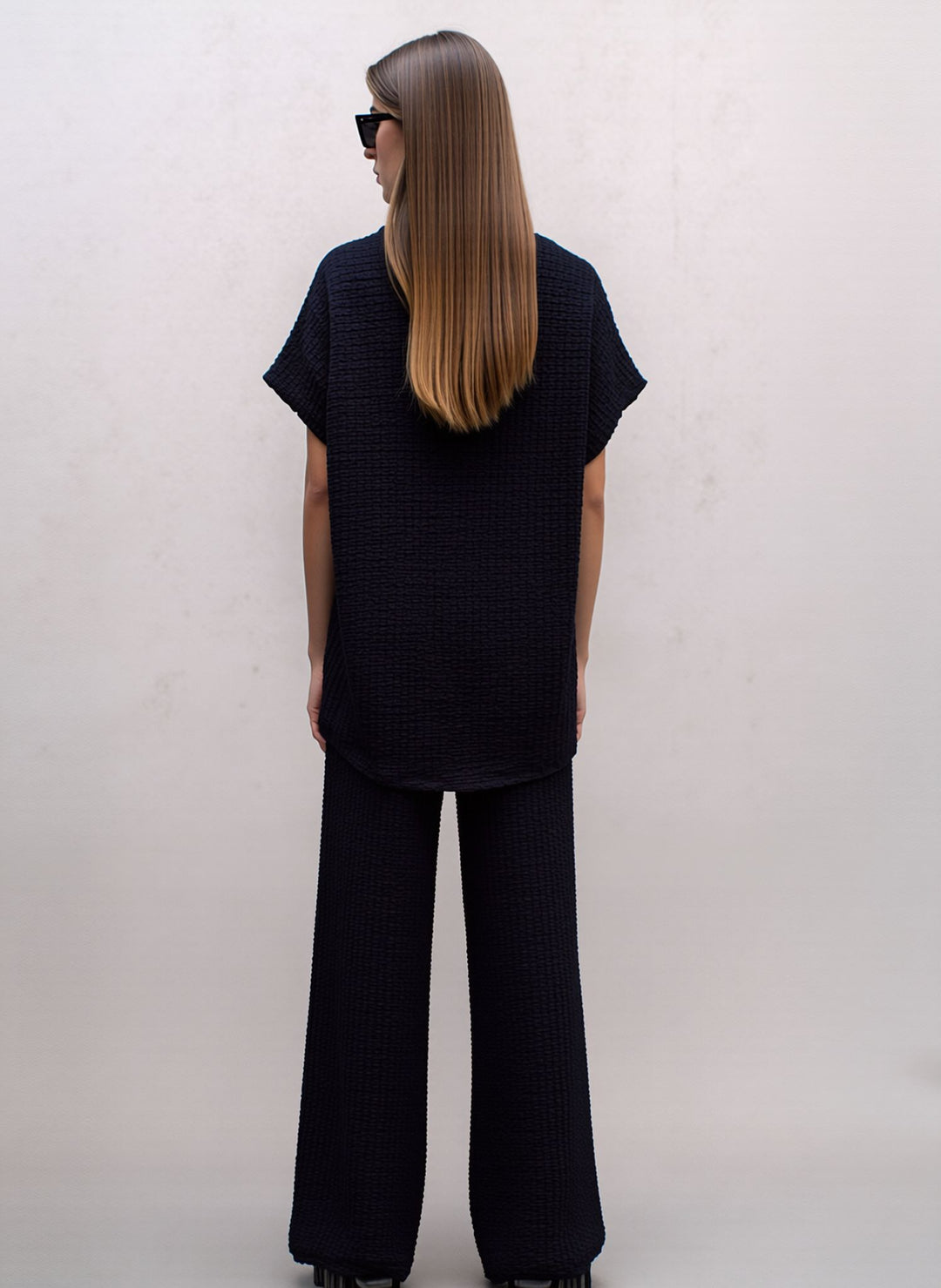 Navy Textured Side Scarf Tie Two Piece Trouser Set Short Sleeve Top & Wide Leg Trousers