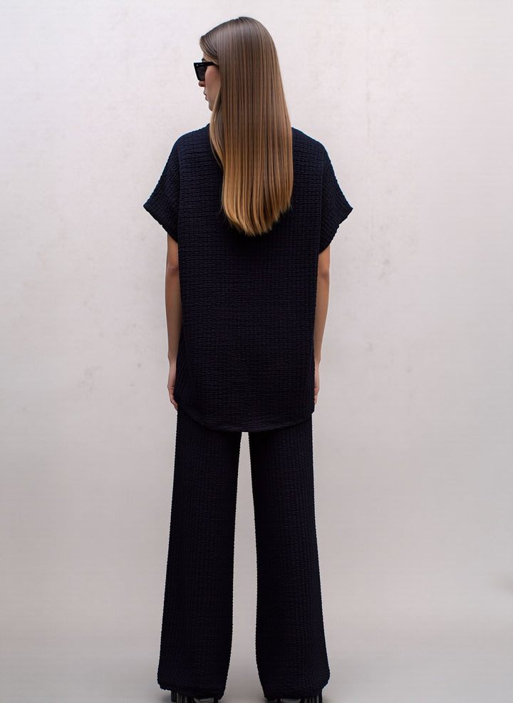 Navy Textured Side Scarf Tie Two Piece Trouser Set Short Sleeve Top & Wide Leg Trousers