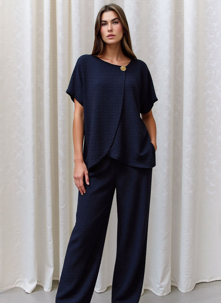 Navy Textured Two Piece Co-Ord Set Relaxed Fit Overlay Top & Wide Leg Trousers