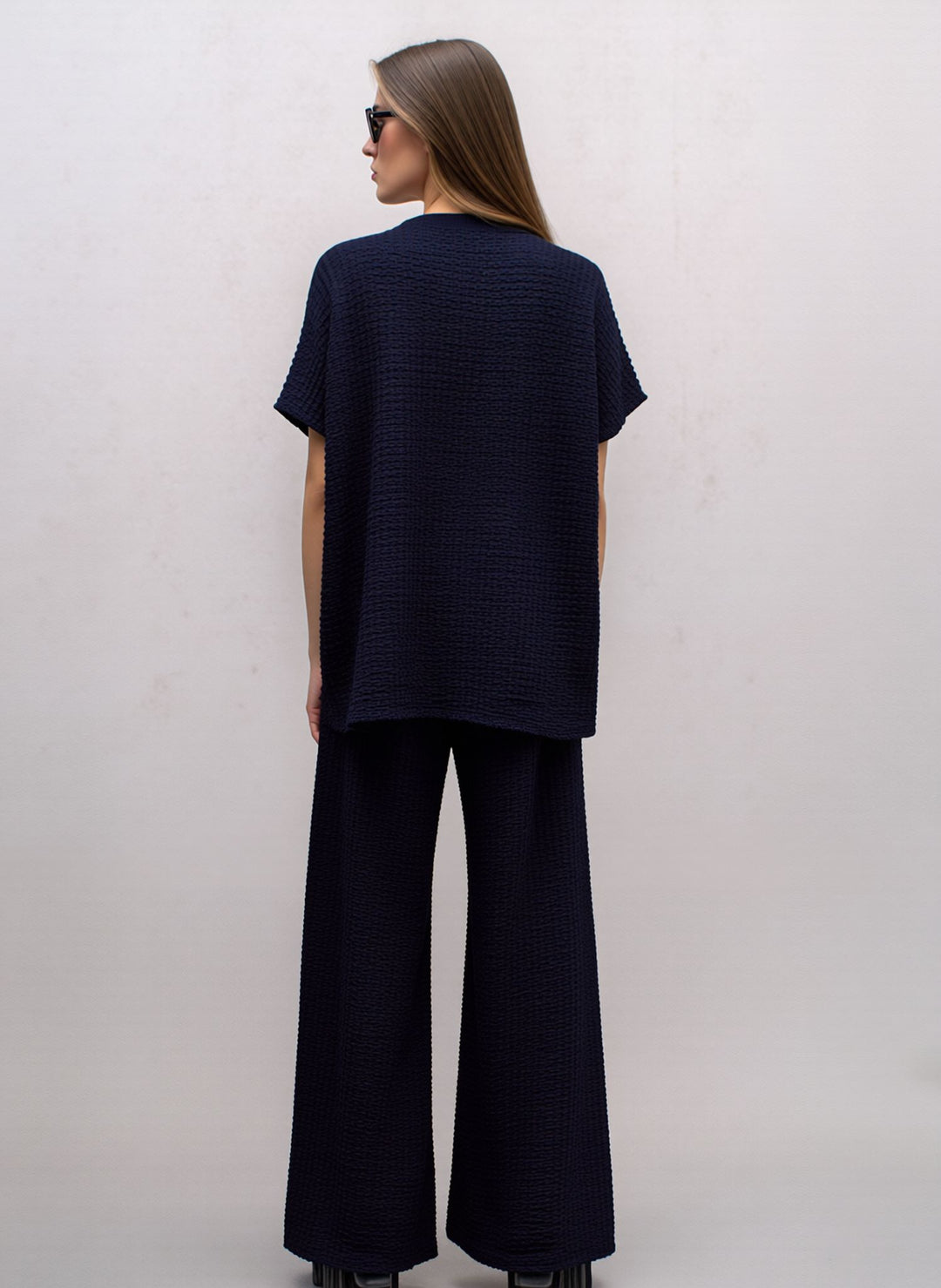 Navy Textured Two Piece Co-Ord Set Relaxed Fit Overlay Top & Wide Leg Trousers