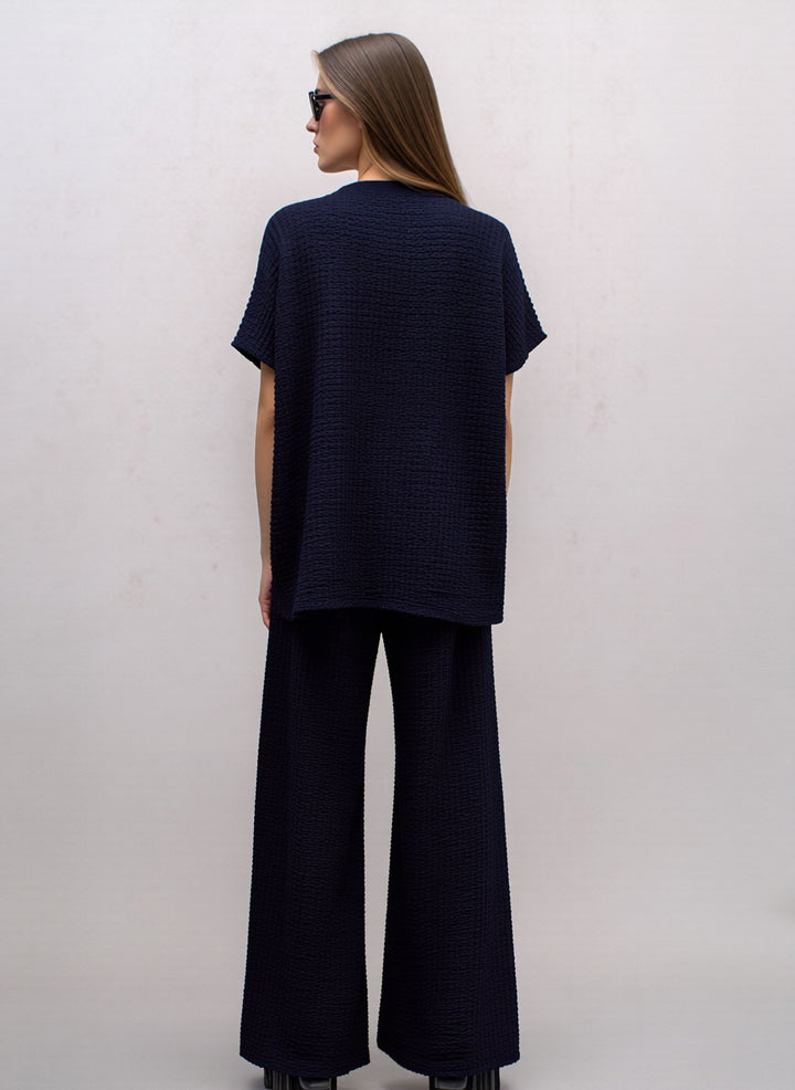 Navy Textured Two Piece Co-Ord Set Relaxed Fit Overlay Top & Wide Leg Trousers