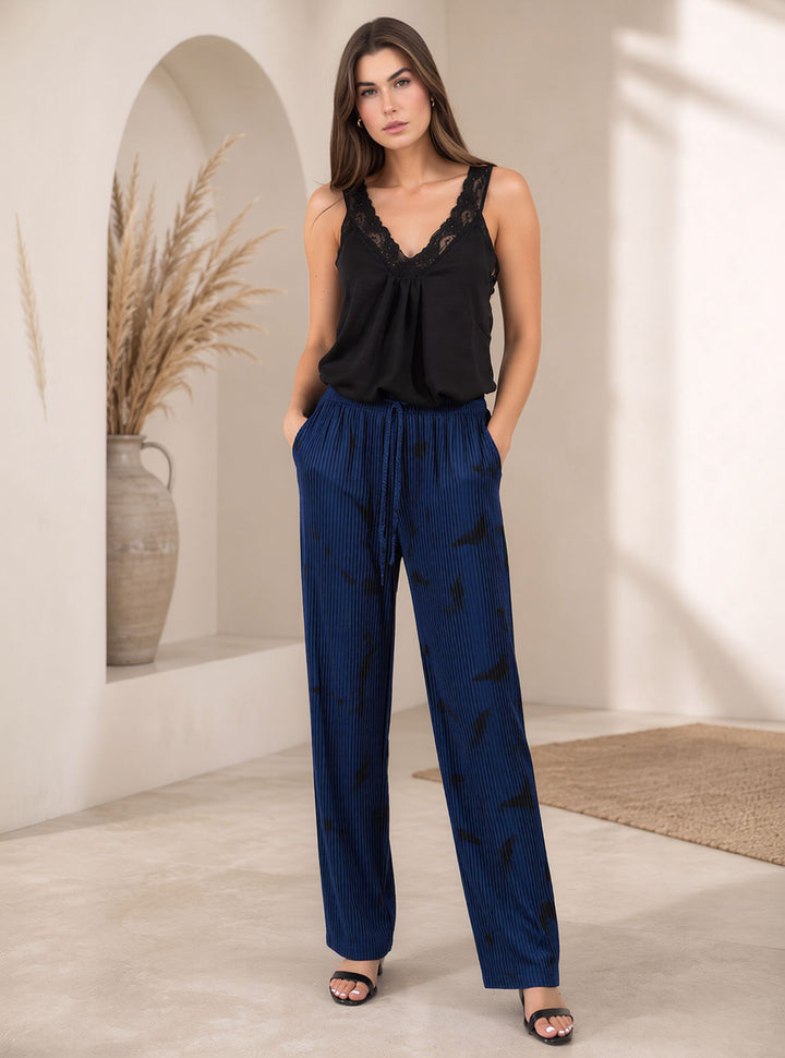 Navy Tie Dye Crinkle Pleated Wide Leg Trousers Elasticated Waist Printed Pants