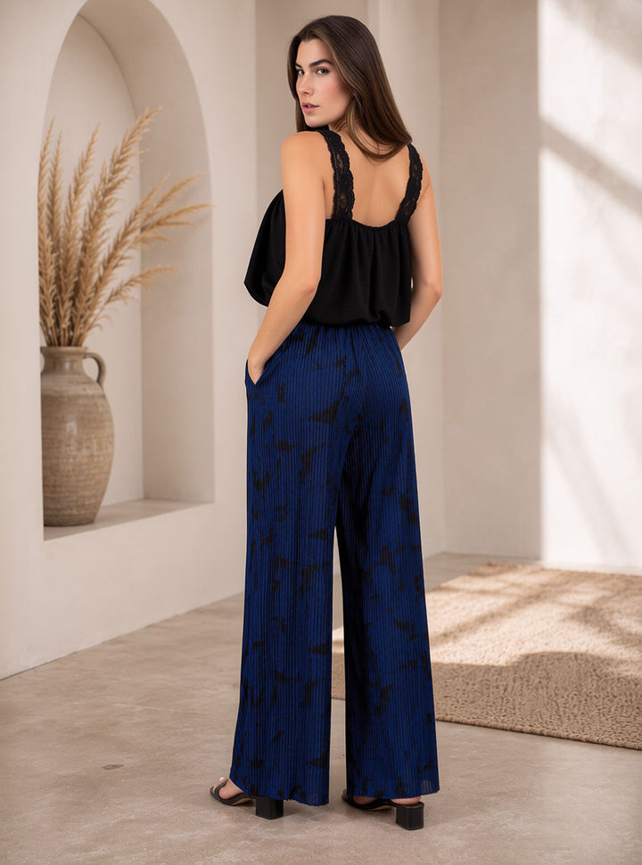 Navy Tie Dye Crinkle Pleated Wide Leg Trousers Elasticated Waist Printed Pants