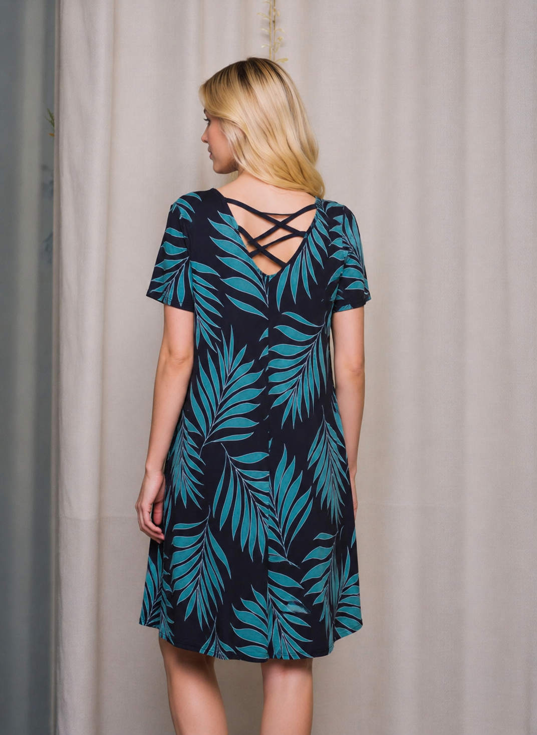 Navy Tropical Leaf Print Swing Summer Dress