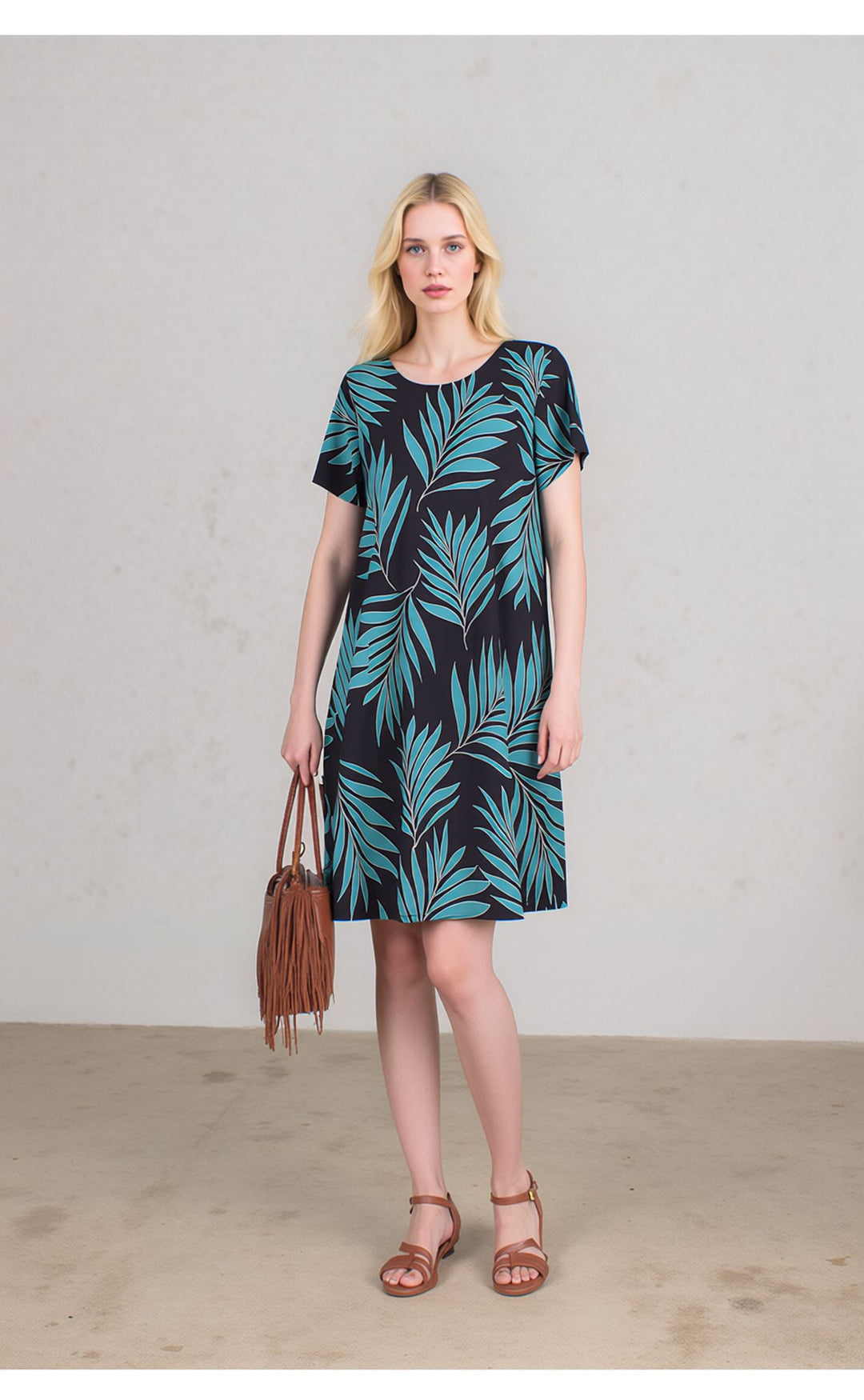 Navy Tropical Leaf Print Swing Summer Dress