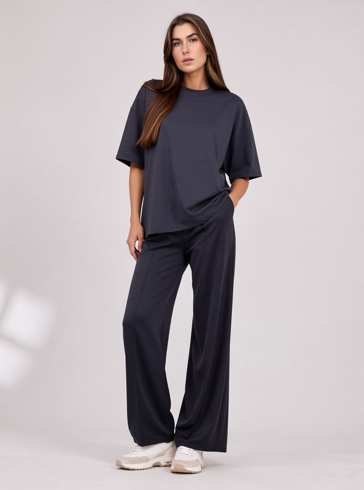 Navy Two Piece Co-Ord Set Oversize Top with Seam Detail Wide Leg Trousers