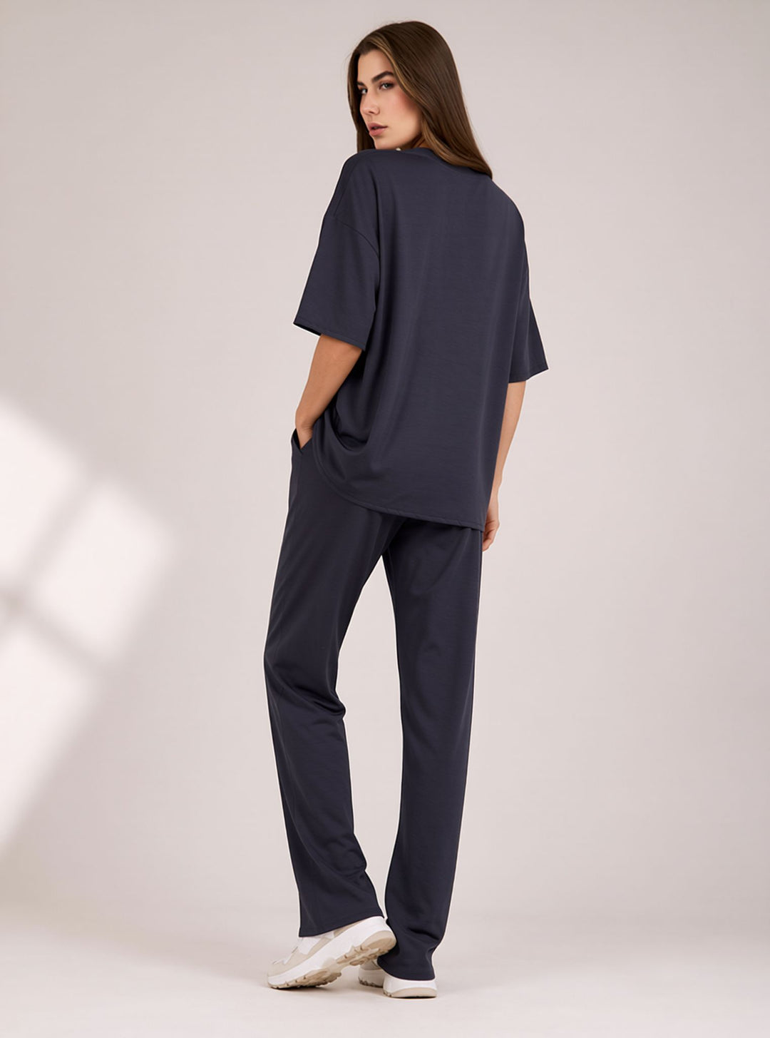 Navy Two Piece Co-Ord Set Oversize Top with Seam Detail Wide Leg Trousers