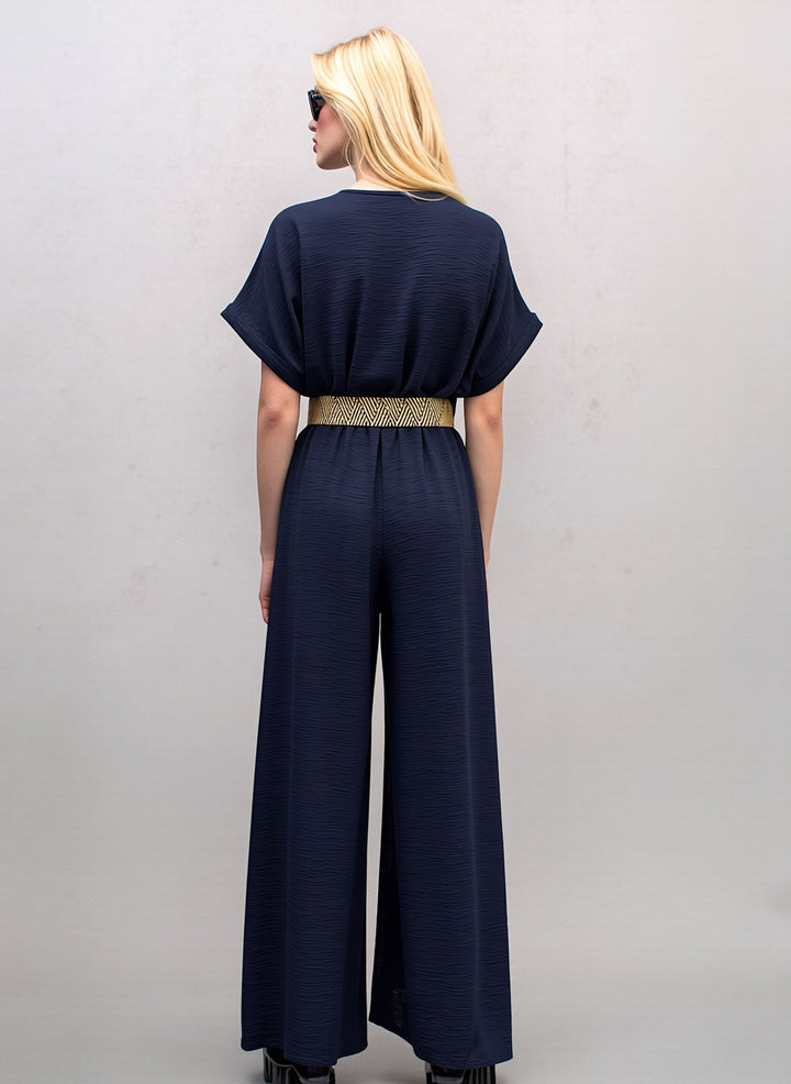 Navy V-Neck Wide Leg Jumpsuit with Belt
