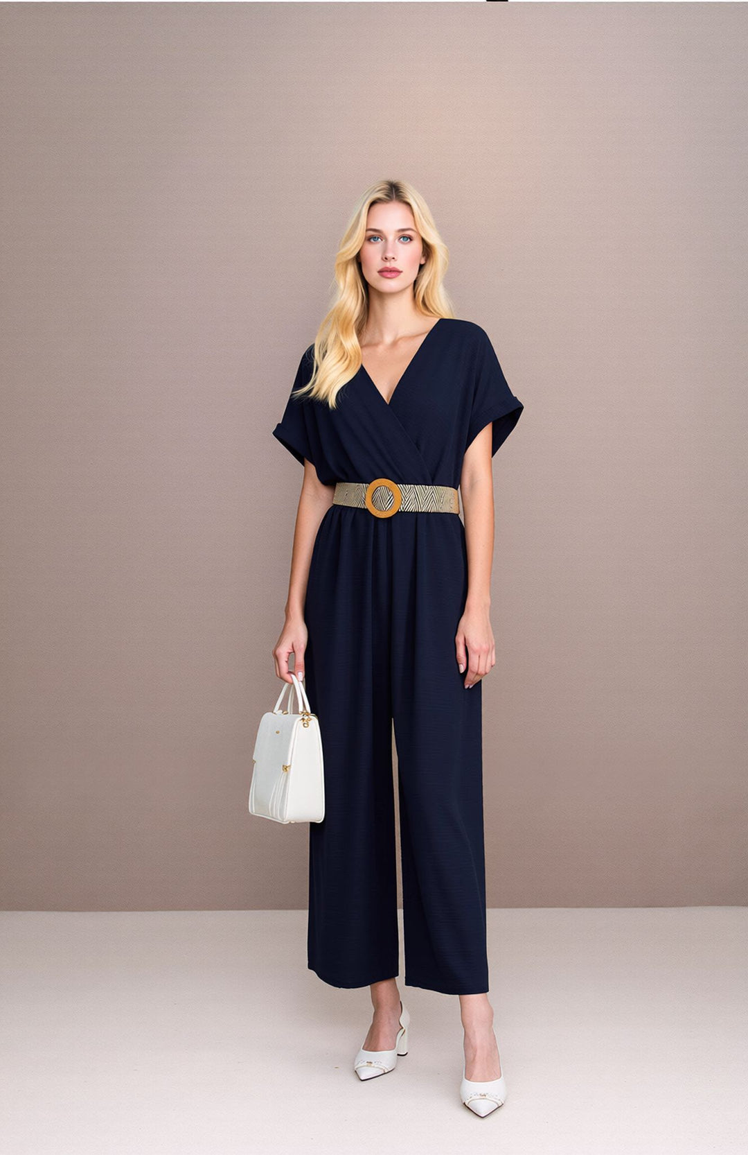 Navy V-Neck Wide Leg Jumpsuit with Belt