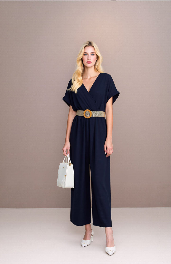 Navy V-Neck Wide Leg Jumpsuit with Belt