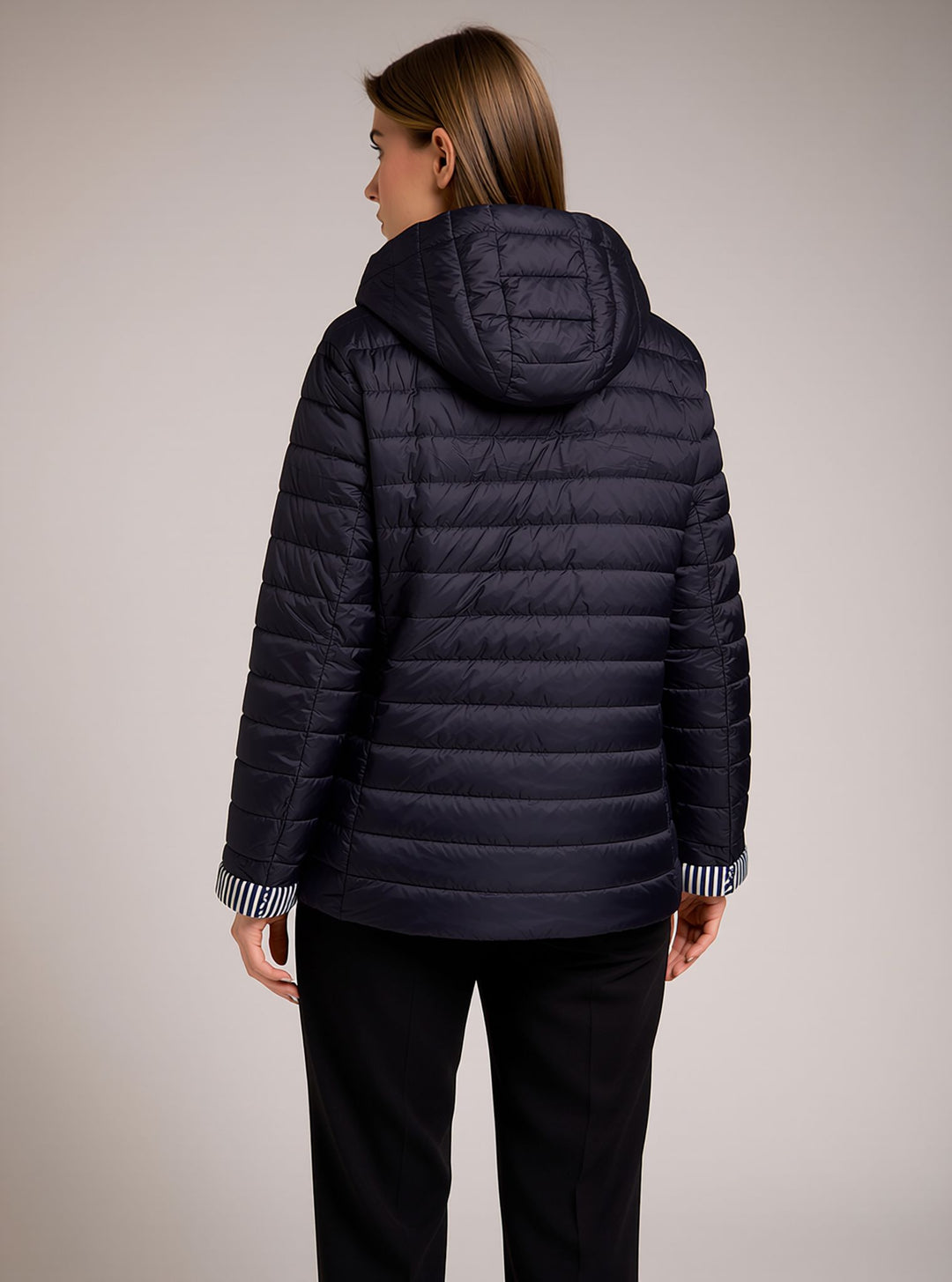 Navy Waterproof & Windproof Hooded Lightweight Padded Jacket with Stripe Cuffs