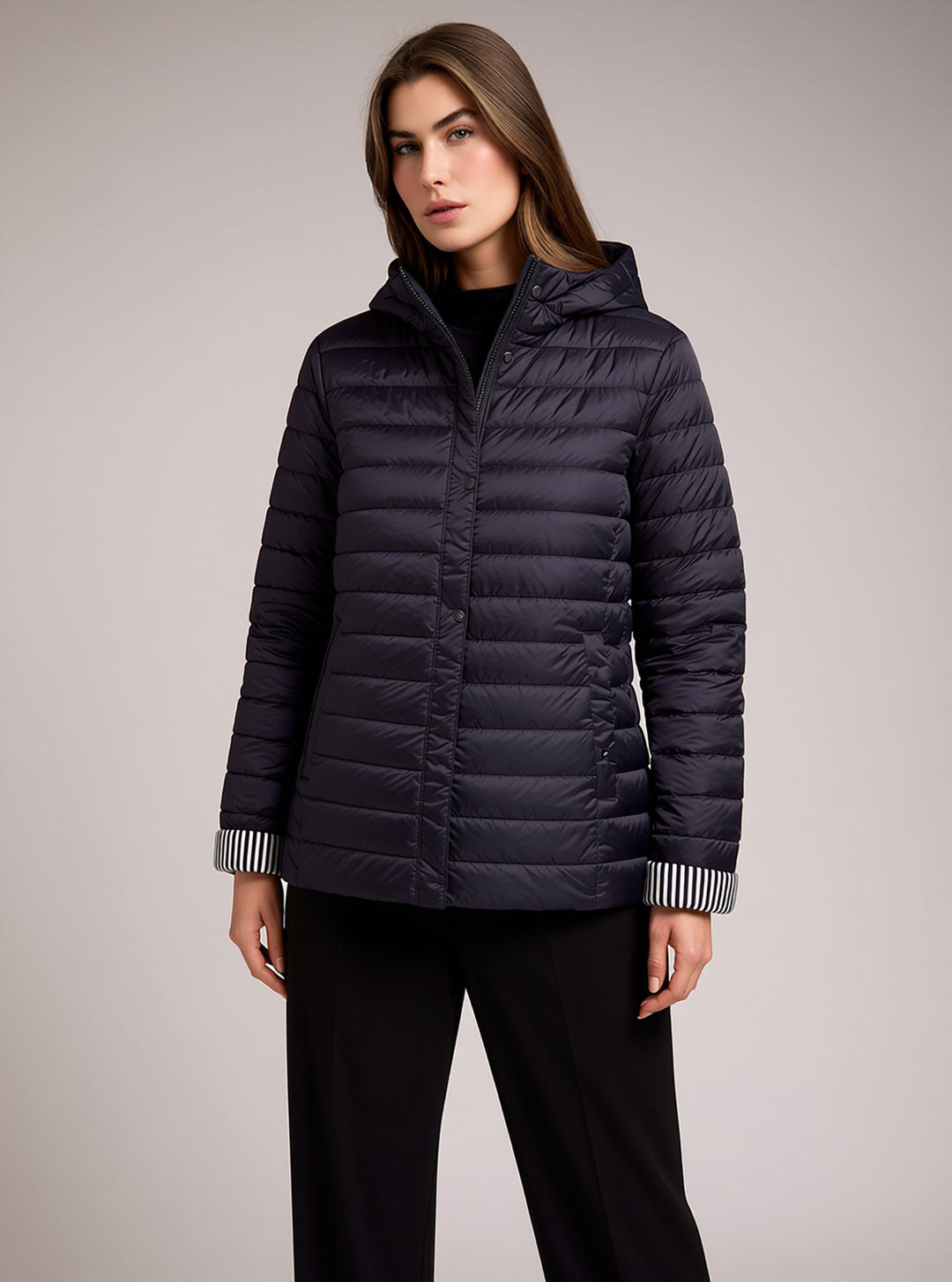 Navy Waterproof & Windproof Hooded Lightweight Padded Jacket with Stripe Cuffs