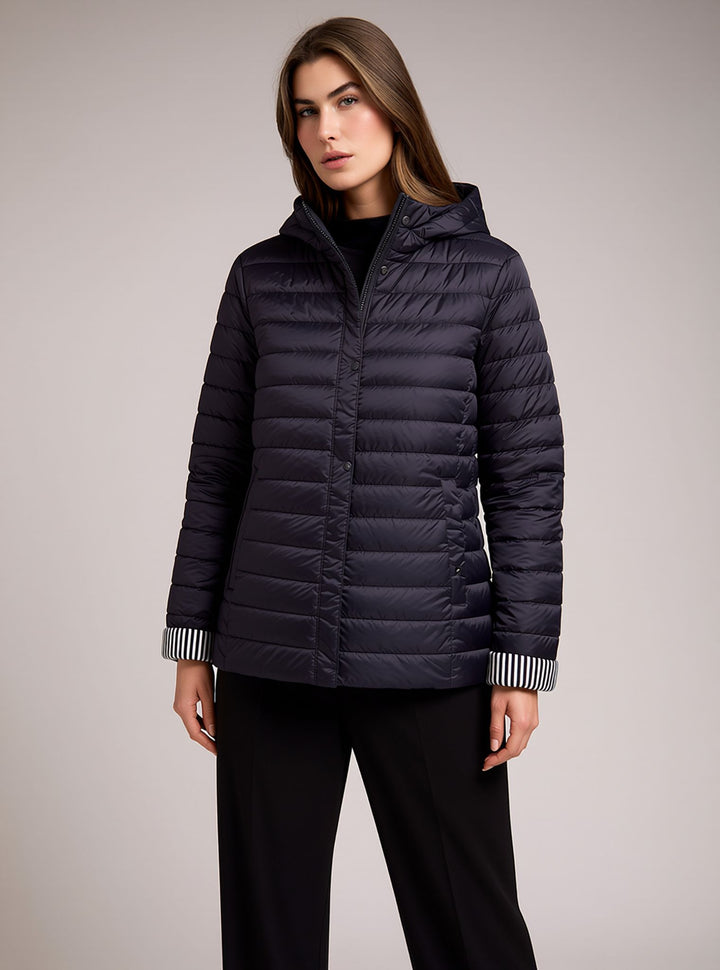 Navy Waterproof & Windproof Hooded Lightweight Padded Jacket with Stripe Cuffs