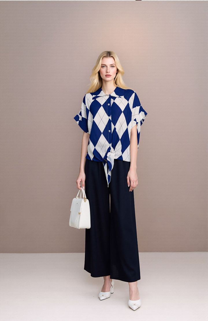 Navy Wide Leg Trousers & Diamond Print Shirt Set