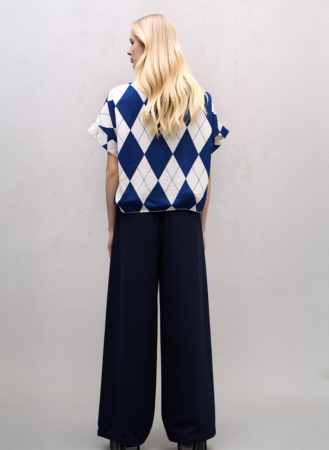 Navy Wide Leg Trousers & Diamond Print Shirt Set