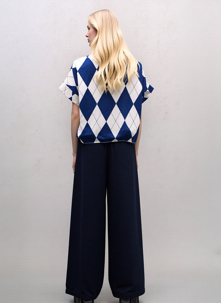 Navy Wide Leg Trousers & Diamond Print Shirt Set