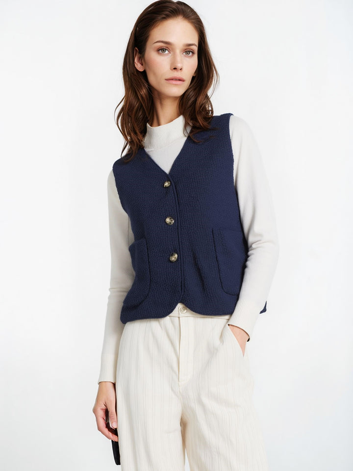 Navy Wool Blend Borg Button Waistcoat